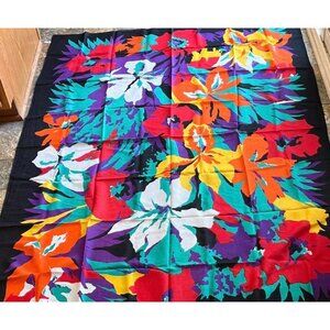 Vtg 1970’s Floral Oversize Scarf Shawl Wrap Black Background Multicolored Italy